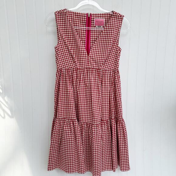 Kate Spade Red White Gingham Tiered Vineyard Summer Sundress V Neck Size 0 - Picture 4 of 11